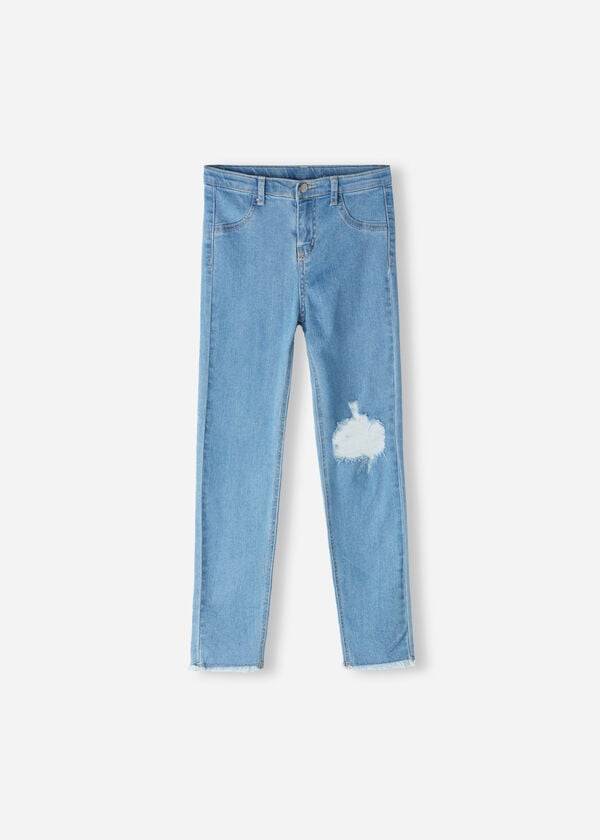 modré roztrhané strečové skinny dětské legíny calzedonia