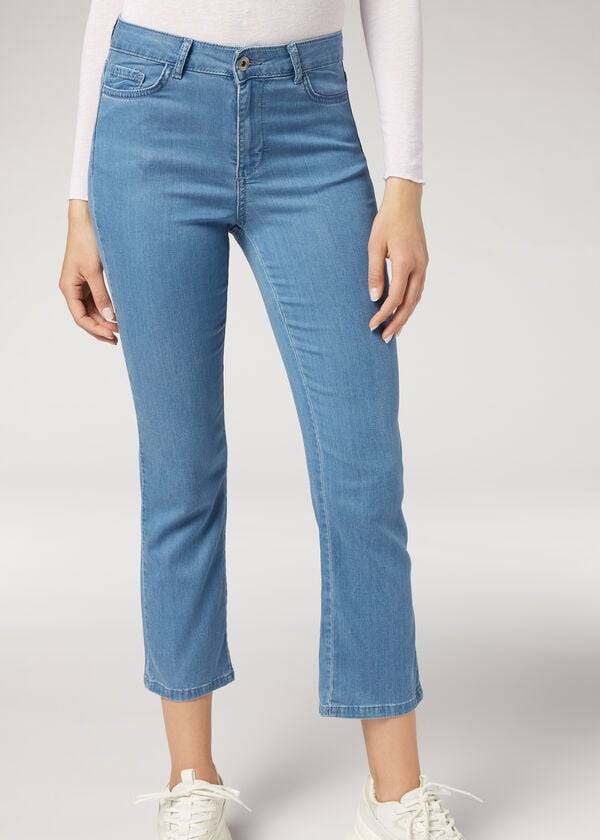 dámské modré džíny calzedonia eco light flared crop denim