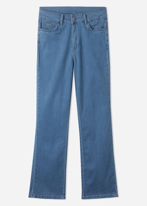 dámské modré džíny calzedonia eco light flared crop denim