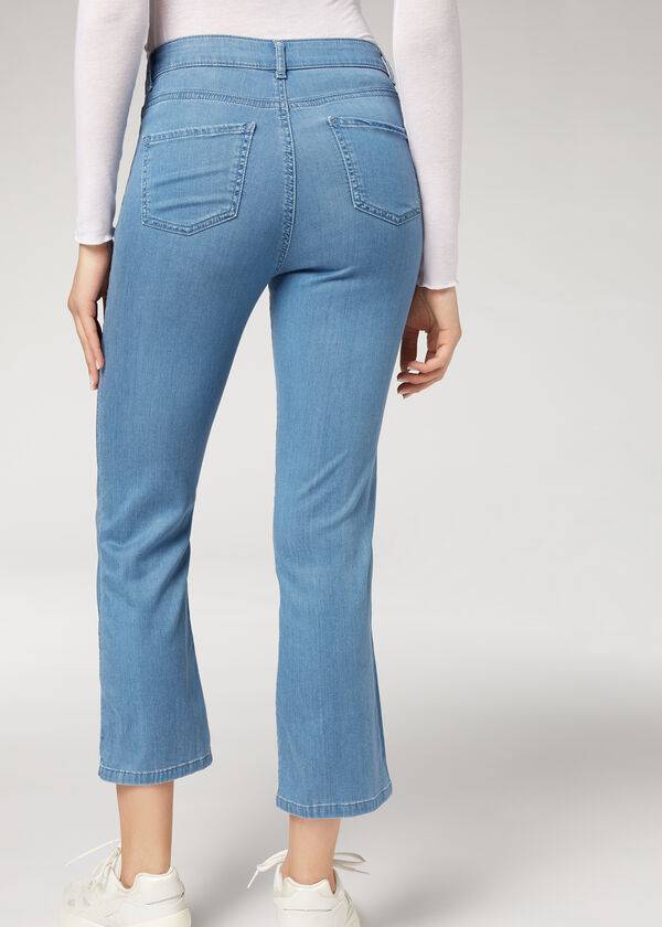 dámské modré džíny calzedonia eco light flared crop denim