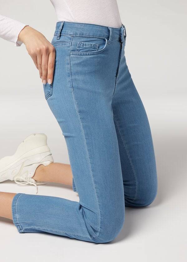 dámské modré džíny calzedonia eco light flared crop denim