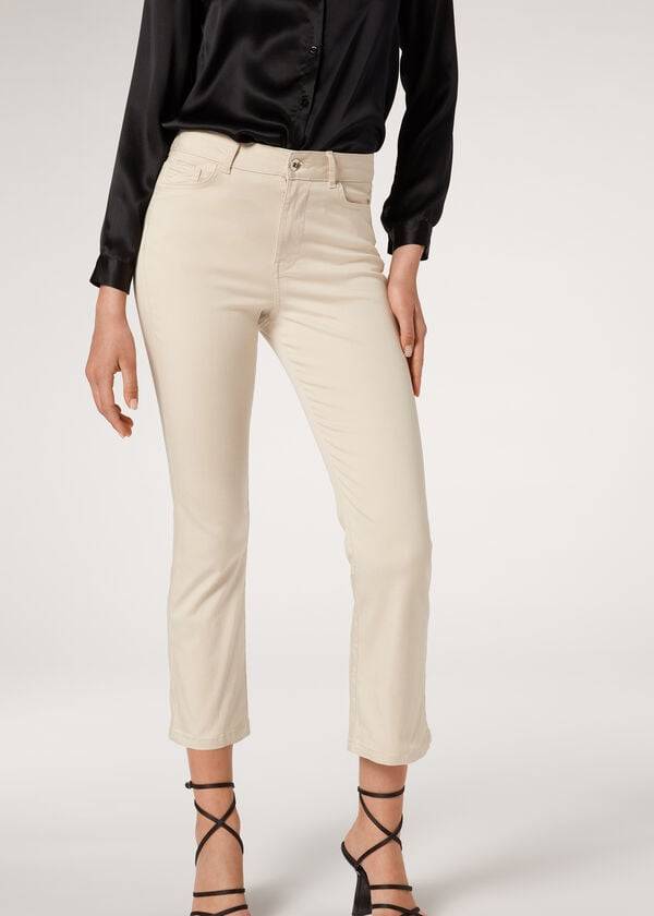 dámské džíny calzedonia eco light flared cropped denim v hnědébéžové barvě