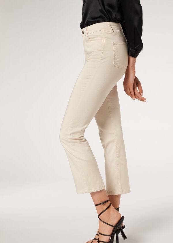 dámské džíny calzedonia eco light flared cropped denim v hnědébéžové barvě