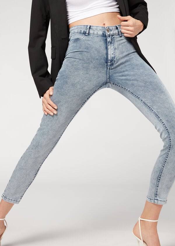 dámské modré push-up džíny calzedonia faded skinny
