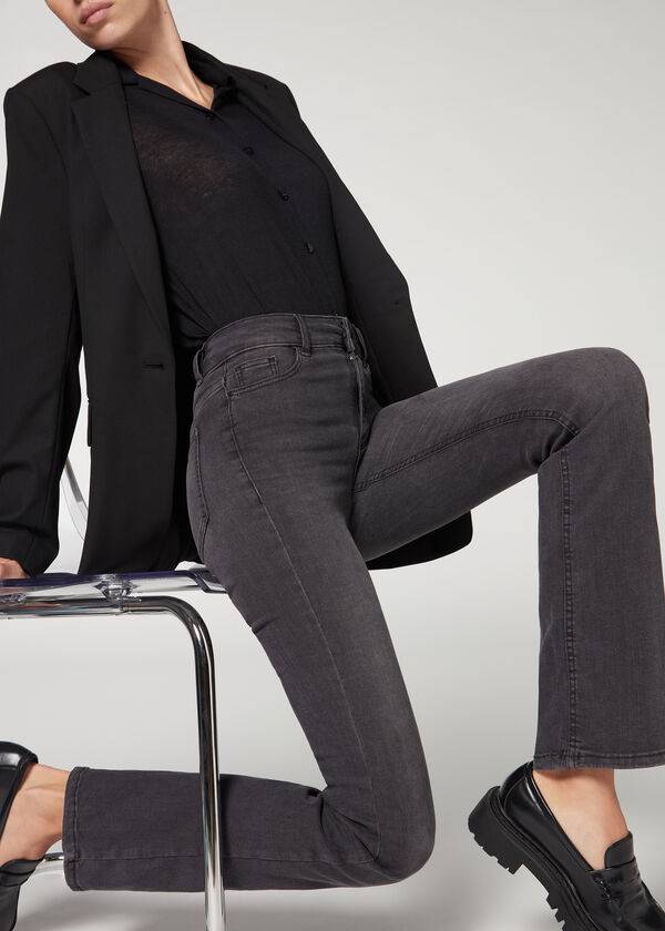 dámské šedé džíny calzedonia super flex denim s vysokým pasem a bootcut vzorem