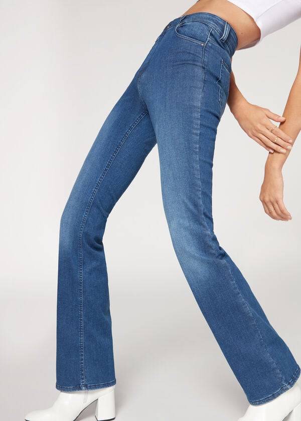 dámské džíny calzedonia super flex denim s vysokým pasem a modrým střihem