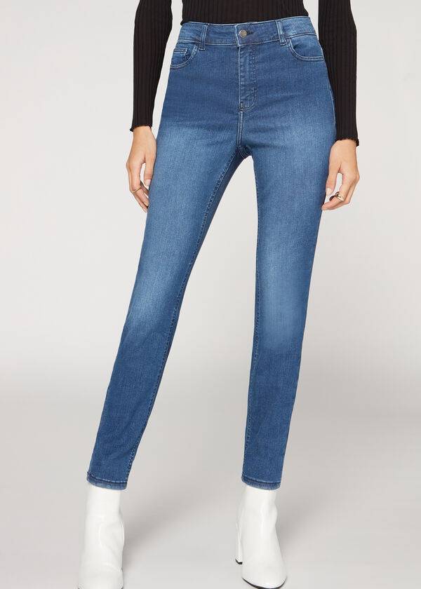 dámské džíny calzedonia super flex denim s vysokým pasem a vysokým pasem modré
