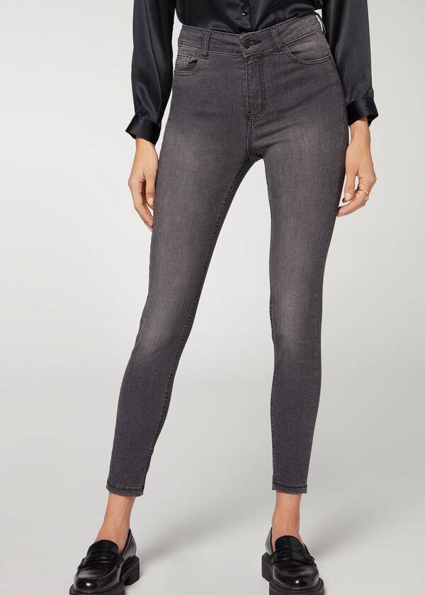 dámské džíny calzedonia super flex denim s vysokým pasem a superskinny šedé