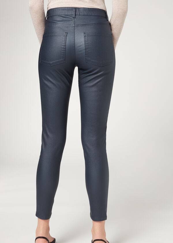 dámské úzké kalhoty calzedonia z umělé kůže tmavě modré