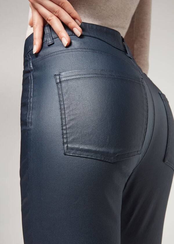 dámské úzké kalhoty calzedonia z umělé kůže tmavě modré