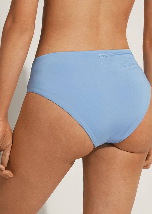 modré dámské ekologické bikinové kalhotky calzedonia s vysokým pasem a potiskem indonésie