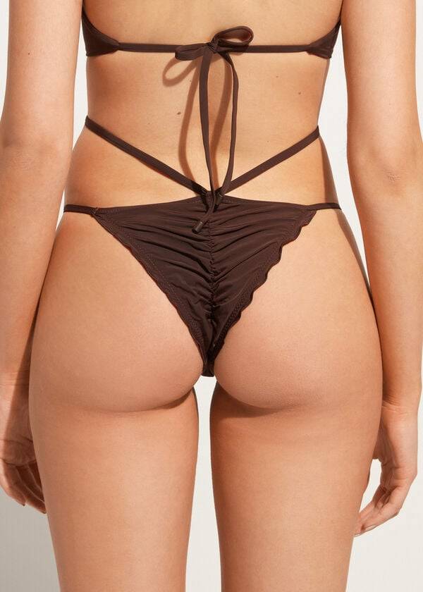 dámské kávově hnědé bikinové kalhotky calzedonia s vysokým výstřihem a brazilským vzorem islamorada
