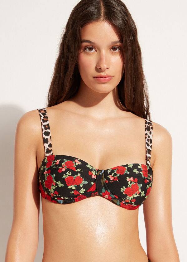 růžovo-černé dámské lehce vyztužené bikinové vršky calzedonia bandeau nizza
