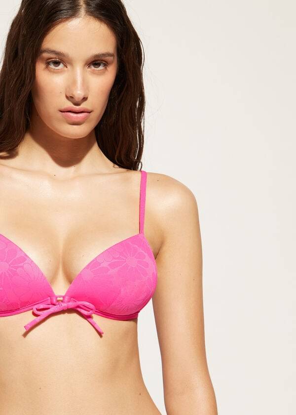 růžové dámské bikinové vršky s trojúhelníkovým vzorem calzedonia antibes s postupnou vycpávkou