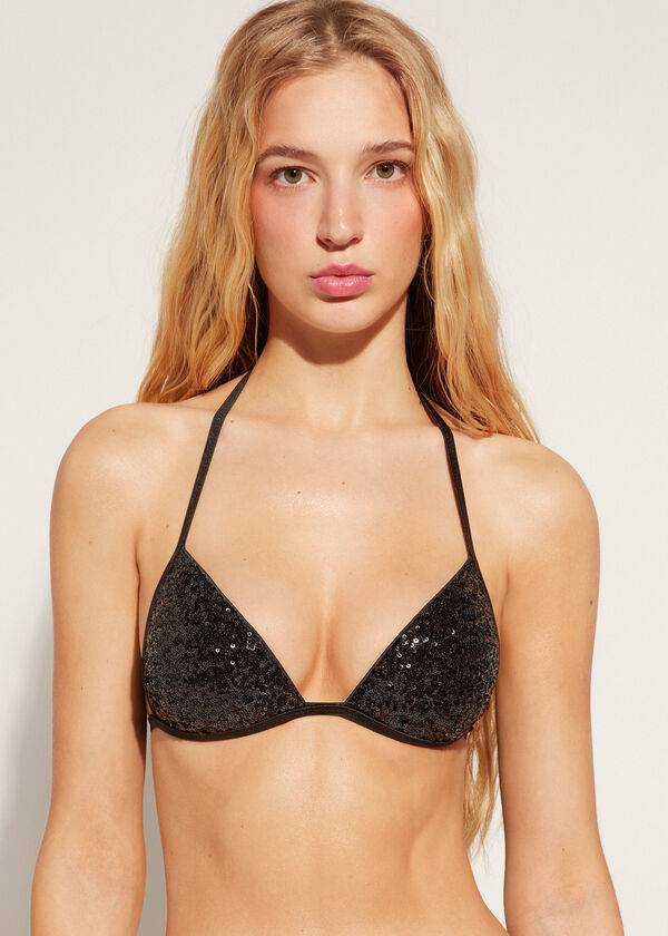 dámské bikinové vršky calzedonia cannes s trojúhelníkovým vzorem a černým potiskem