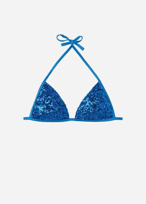 dámský modrý trojúhelníkový bikinový top calzedonia s postupnou vycpávkou a střihem cannes