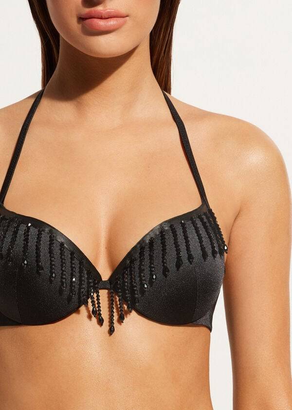 Černé dámské lehce vyztužené push-up bikinové vršky calzedonia taipei