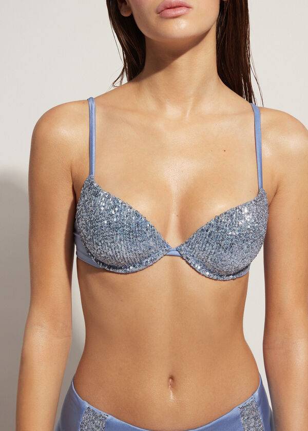 dámský modrý vyztužený push-up bikinový top calzedonia cannes