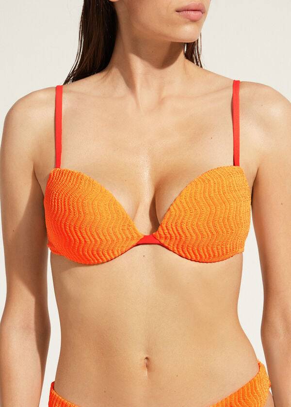 dámský oranžový vyztužený push-up top mykonos od calzedonia