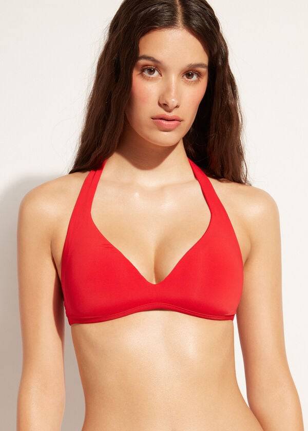 Červené dámské měkké vycpané trojúhelníkové bikinové vršky calzedonia indonesia
