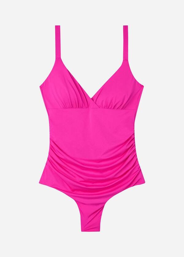 růžové dámské vycpané jednodílné tvarující plavky calzedonia indonesia eco